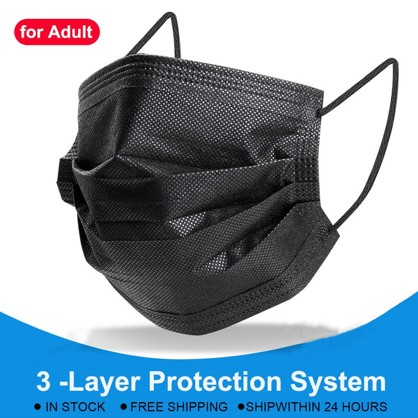 10-200pcs Black Disposable Face Mask 3 Layer Non-woven Mouth Mask Safety Breathable Protective Anti Pollution Dust Masks Black